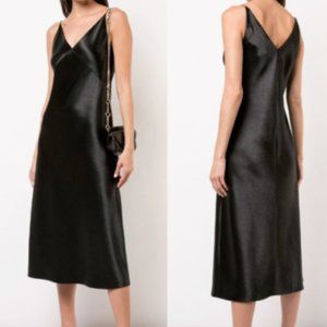 VINCE satin bias cut V neck midi slip dress, black, size S